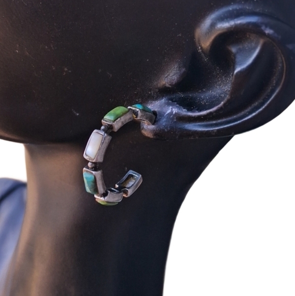 💚 Sterling Southwest Inlaid Mother of Pearl & Turquoise Hoops